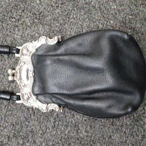 One World Brighton Black Leather Crossbody with Ornate SILVER Art Deco CHERUBS